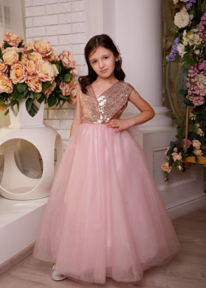 Dusty Rose Sequin Tulle Ankle Length V Back Flower Girl Dress